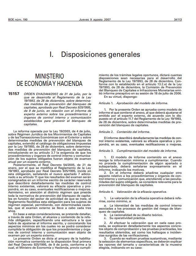 004 OM 2444 2007 Declaracion del Ministerio de Economia y Hacienda sobre Expertos Externos