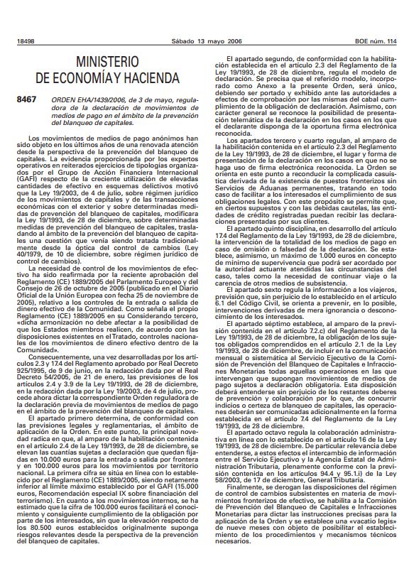 003 OM 1439 2006 Declaracion del Ministerio de Economia y hacienda sobre el Movimiento de Medios de Pago